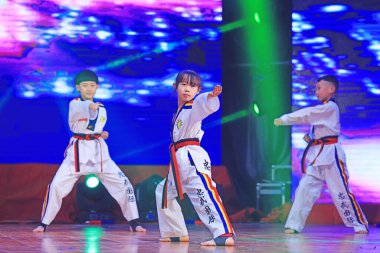 Luannan County - 29 Ocak 2019: Çocuklar Wushu Kungfu Sahne Performansı, Luannan County, Hebei Eyaleti, Çin