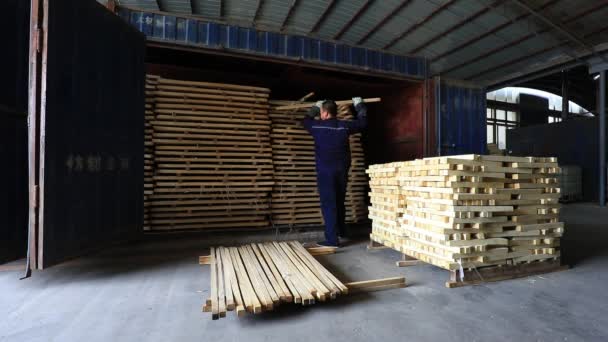 中国河北省阮南县 2020年5月29日 木柄风干车间的工人在钢铲生产厂紧张工作 — 图库视频影像