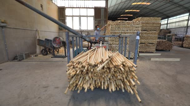 河北省 2020年5月29日 鋼鉄シャベル生産工場での木製ハンドル加工生産ライン — ストック動画