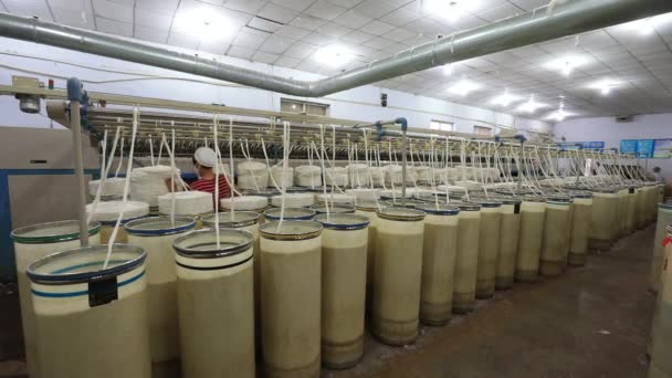 2020年6月16日 中国河北省阮南县 纺纱厂的工人正忙着纺纱 — 图库视频影像