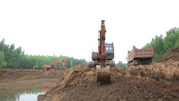 Baustelle Eines Hochwasserschutzprojekts Nordchina — Stockvideo