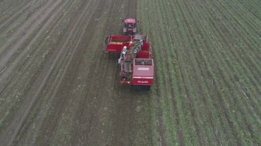 Çiftçiler tarlada patates hasadı için tarım makineleri, hava fotoğrafı, Kuzey Çin