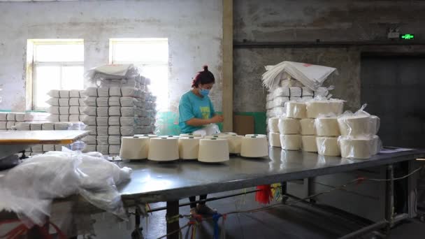 루아칸 카운티 허베이성 2020년 20일 회전하는 털실을 모으는 노동자 — 비디오