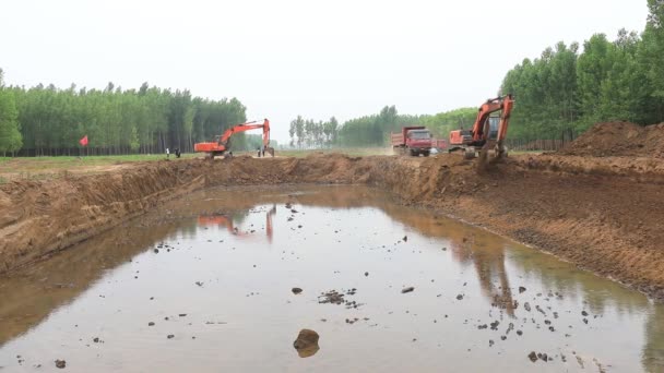 Byggarbetsplats För Översvämningsbekämpningsprojekt Norra Kina — Stockvideo