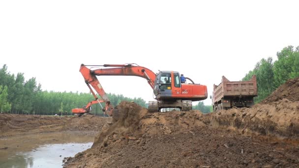 Sitio Construcción Del Proyecto Control Inundaciones Norte China — Vídeo de stock