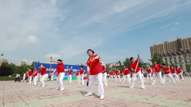 2020年8月8日 中国河北省阮南县 妇女用棍棒在广场上表演 — 图库视频影像