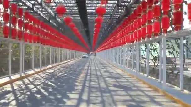 赤いランタンが並ぶ道は 北中国の公園につながります — ストック動画