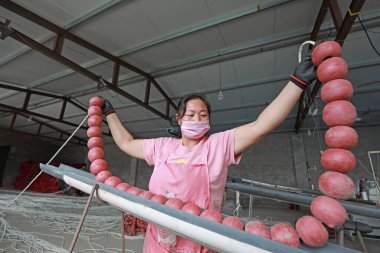 LUANNAN COUNTY, Hebei Eyaleti, Çin - 20 Ağustos 2020: işçiler fabrikalarda ağ şamandıraları dikmek için dikiş makineleri kullanıyorlar