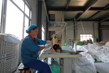 LUANNAN COUNTY, Hebei Eyaleti, Çin - 27 Eylül 2020: işçiler lif torbası dikiş hattıyla meşguller