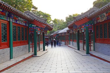 Pekin, Çin - 3 Ekim 2020: Hongluo Tapınağı Kültür Koridorunun mimari manzarası