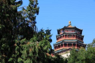 Pekin, Çin - 6 Ekim 2020: Foxiangge 'in mimari manzarası Pekin' deki yazlık saraydadır.