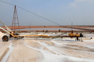 Çiğ tuz üretimi ekipmanları Kuzey Çin 'de bir tuz fabrikasında faaliyet gösteriyor.
