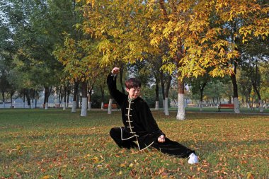 LUANNAN COUNTY, Hebei Eyaleti, Çin - 18 Ekim 2020: İnsanlar ormanda Taijiquan uygulaması yapıyor