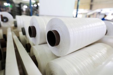 Kuzey Çin 'deki bir fabrikada ambalaj ürünleri işleme hattında Bobbin.