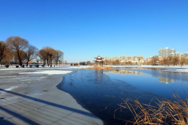 Kuzey Çin 'deki bir parkta kış sonrası doğal manzara.