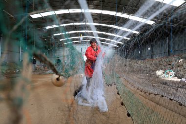 LUANNAN COUNTY, Çin - 10 Mart 2020: Deniz balıkçılığı, LUANNAN COUNTY, Hebei Eyaleti, Çin