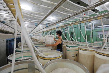 LUANNAN COUNTY, Hebei Eyaleti, Çin - 17 Temmuz 2020: İşçiler dönen bir fabrikada üretim hattıyla meşguller