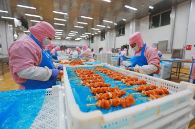 LUANNAN COUNTY, Hebei Eyaleti, Çin - 28 Temmuz 2020: İşçiler bir gıda işleme fabrikasında tavuk segmentasyon atölyesinde meşguller