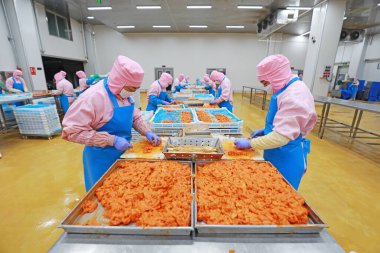 LUANNAN COUNTY, Hebei Eyaleti, Çin - 28 Temmuz 2020: İşçiler bir gıda işleme fabrikasında tavuk segmentasyon atölyesinde meşguller