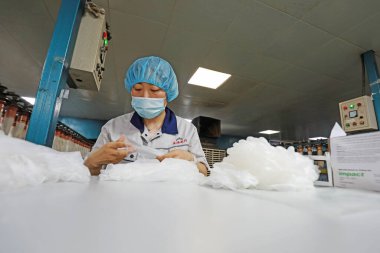 LUANNAN COUNTY, Hebei Eyaleti, Çin - 11 Ağustos 2020: PVC ambalaj koruyucu eldivenleri üreten kadın işçiler