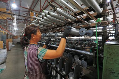 LUANNAN COUNTY, Hebei Eyaleti, Çin - 20 Ağustos 2020: İşçiler net bir çiftlikte mekanik tekstil balıkçılık ağı işletiyorlar