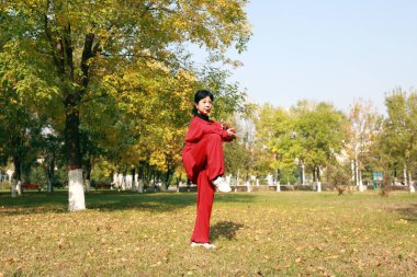 LUANNAN COUNTY, Hebei Eyaleti, Çin - 18 Ekim 2020: İnsanlar ormanda Taijiquan uygulaması yapıyor