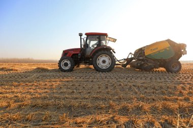 LUANNAN COUNTY, Çin - 25 Aralık 2020: çiftçiler pirinç pipetini sıkıştırmak ve onları bir çiftlikte, LUANNAN COUNTY, Hebei Eyaleti, Çin 'de paketlemek için tarım makineleri kullanıyorlar.