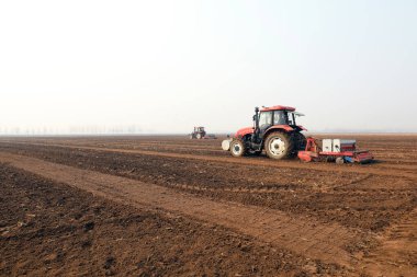 LUANNAN COUNTY, Hebei Eyaleti, Çin - 9 Mart 2021: Çiftçiler uzak diyarlarda bezelye yetiştirmek için ekicileri sürüyorlar