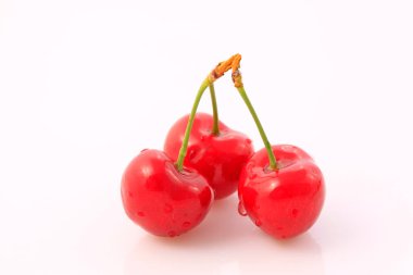 Beyaz arka planda olgun bir Amerikan kirazı, yakın plan fotoğrafı.