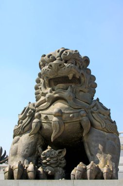 Bakır aslan heykeli fotoğrafın yakın çekimi