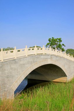 Botanik bahçesinde taş kemer köprüsü, fotoğrafa yakın çekim.