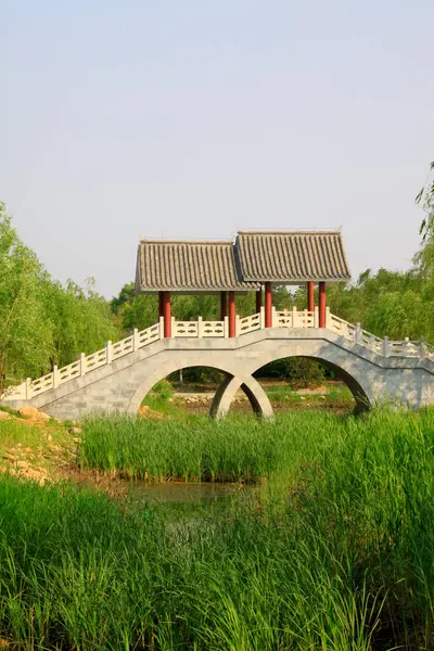 Botanik bahçesinde taş kemer köprüsü, fotoğrafa yakın çekim.