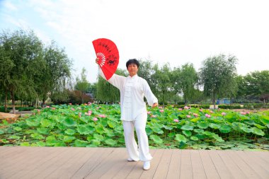 LUANNAN COUNTY - 16 Temmuz 2016 'da Tai Chi uygulayan insanlar, Luannan County, Hebei Eyaleti, Çin