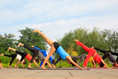 Tangshan - 3 Temmuz 2016 'da parkta yoga yapan kadınlar Tangshan City, Hebei, Çin