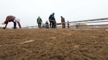 LUANNAN COUNTY, Çin - 12 Nisan 2021: çiftçiler çiftliklerine pirinç filizleme tepsileri yerleştirdiler.