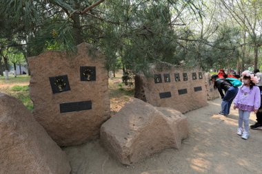 Pekin, Çin - 10 Nisan 2021: Ziyaretçiler Pekin 'deki Yuyuantan Parkı' nda kaya oymalarının keyfini çıkarıyorlar.