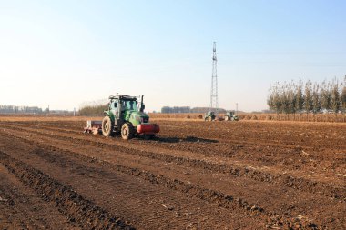 LUANNAN COUNTY, Çin - 20 Ekim 2021: çiftçiler Kuzey Çin 'de buğday yetiştirmek için ekicileri kullanır