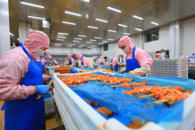 LUANNAN COUNTY, Çin - 6 Eylül 2021: İşçiler Çin 'deki bir atölyede ızgara gıdaları işliyorlar