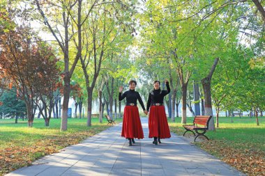 LUANNAN COUNTY, Çin - 24 Ekim 2021: Güzel bayan Kuzey Çin 'deki parkta oynuyor