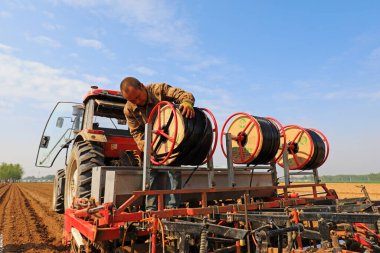 LUANNAN COUNTY, Çin - 26 Nisan 2021: çiftçiler Kuzey Çin 'deki ekicilere damlama sulama boruları kurdular.
