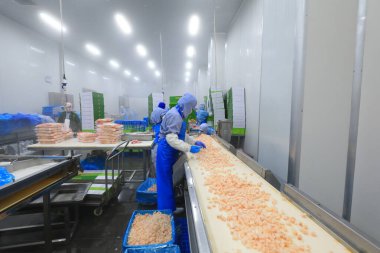 LUANNAN COUNTY, Çin - 6 Eylül 2021: İşçiler Çin 'deki bir atölyede ızgara gıdaları işliyorlar