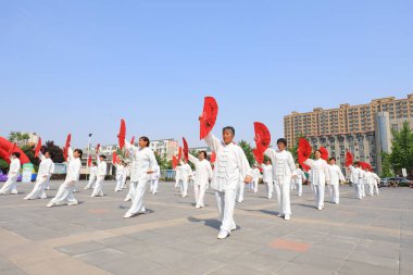 LUANNAN COUNTY, Çin - 12 Mayıs 2021: Tai Chi Kung Fu Fan Performansı, Kuzey Chin