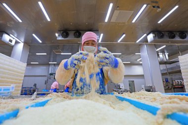 LUANNAN COUNTY, Çin - 6 Eylül 2021: İşçiler Çin 'deki bir atölyede ızgara gıdaları işliyorlar