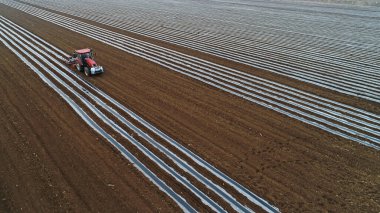 Çiftçinin biri çiftliğe mısır ekmeye gidiyor. Hava fotoğrafı, Kuzey Çin.