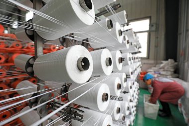 LUANNAN COUNTY, Çin - 12 Ocak 2022: İşçiler plastik fiber tekstil üretim hattı, Kuzey Chin