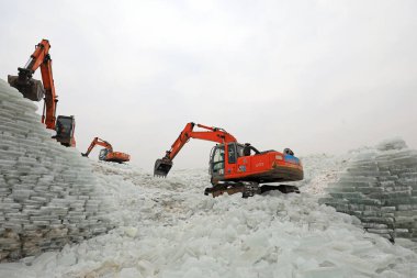 LUANNAN COUNTY, Çin - 21 Ocak 2022: çiftçiler Kuzey Çin 'deki buz küplerini ayırmak için kazıcıları kullanıyorlar