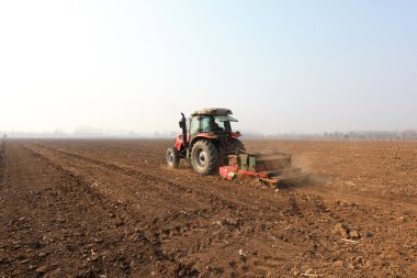 LUANNAN COUNTY, Çin - 9 Mart 2022: Çiftçiler tarlalarda bezelye yetiştirmek için ekicileri sürüyorlar, Kuzey Çene