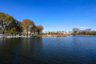 Kuzey Çin 'de bir parkta güzel bir kar manzarası