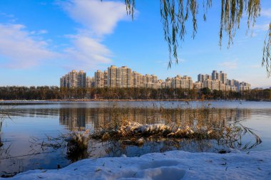 Kuzey Çin 'de bir parkta güzel bir kar manzarası