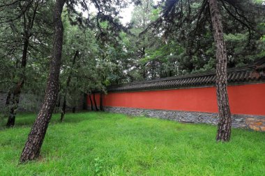 Pekin Botanik Bahçesi 'nde kırmızı duvar ve yeşil çimen